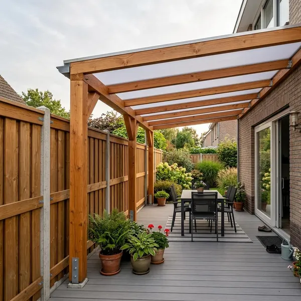 Constructie voor een overkapping aan schutting