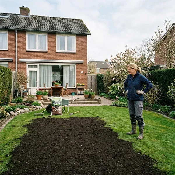 Potgrond over gazon strooien in stappen